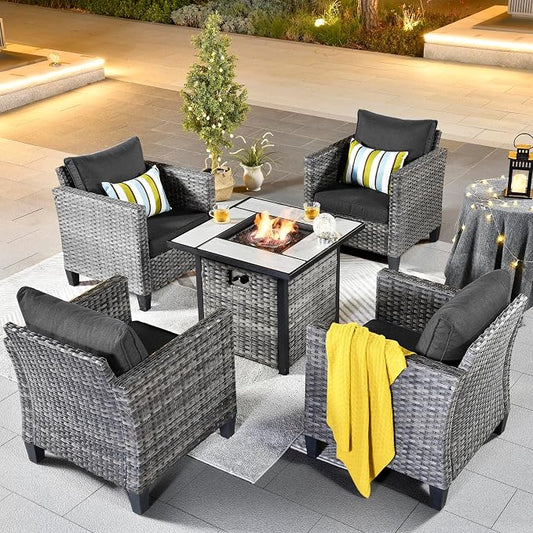 ovios 5 Pieces Patio Furniture Set, Outdoor Wicker Rattan Chairs of 4 with 30" Fire Pit Table, High Back Chair Conversation Sets for Porch Deck Garden, Black
