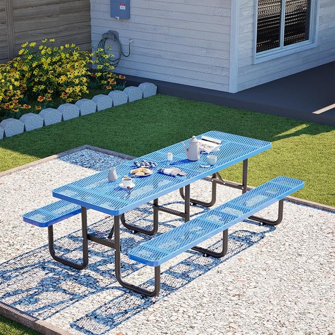 96" Heavy Duty Metal Picnic Table for 10 People, Outdoor Dining with Umbrella Hole, Galvanized Steel Rustproof Frame 882LBS Capacity, Mesh Top for Garden Patio Camping, Blue