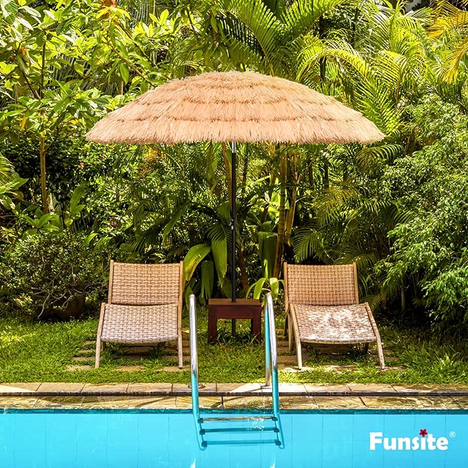 6/6.5/7.5/8ft Tiki Umbrellas for Outside, UV Protect Thatch Umbrella with Tilt Design, Thatch Patio Umbrella for Outdoor Tiki Bar, Tropical Palapa Tiki Hut Hawaiian Hula Beach Umbrella