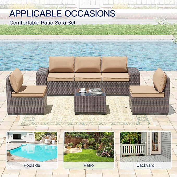 6 Pieces Patio Furniture Sets with Glass Tea Table,PE Rattan Wicker Patio Conversation Set with Washable Cushions,Outdoor Patio Sectional Furniture Set for Backyard, Poolside, Garden,Sand