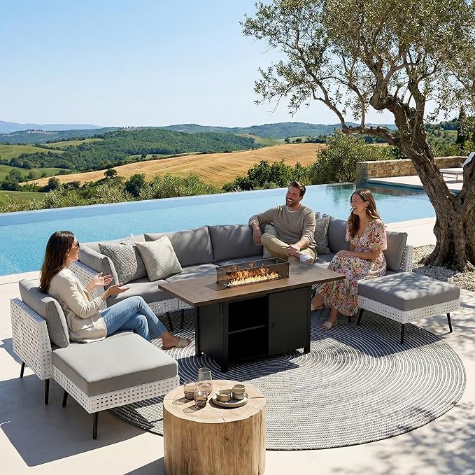 8 Piece Patio Furniture Set with Fire Pit Table (55" 50000BTU Propane), Patio Sectional with Upgraded Cationic Fabric Cushions & Outdoor Open Weave Wicker for Garden, Poolside, Backyard