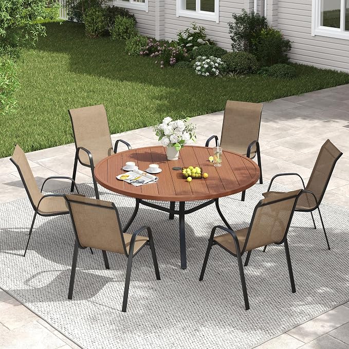 VICLLAX Patio Dining Set for 6, All Weather Metal 7 Pieces Patio Set-47.2" Round Outdoor Table and Stackable Chairs for Lawn Garden and Backyard, Walnut Wood Grain Tabletop