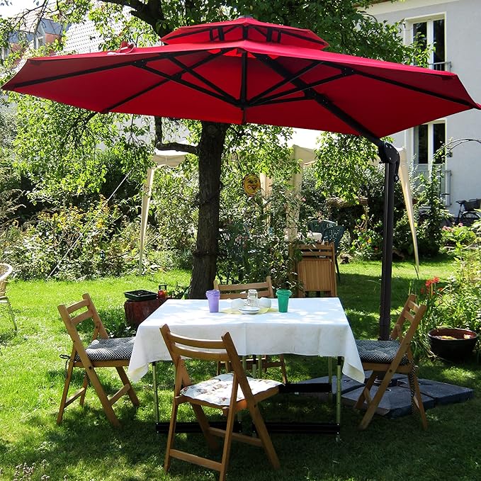 Sunnyglade 11FT Double Top Cantilever Patio Umbrella Deluxe Offset Umbrella 360° Rotation & Integrated Tilting System Heavy Duty Outdoor Umbrella for Market Garden Deck Pool Backyard Patio(Red)