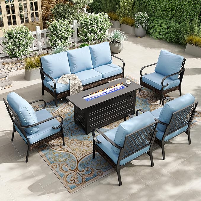 HERA'S HOUSE 6 Piece Metal Patio Furniture Set with 56" Fire Pit Table, All Weather Outdoor Conversation Set, 3 Seat Sofa, 4 Fixed Chairs with Cushions, Seats 7 for Backyard, Garden, Deck, Blue