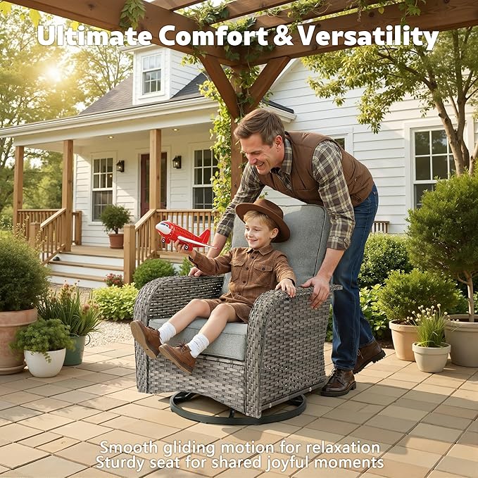 Patio Furniture, All Weather Wicker 6 PCS Outdoor Sofa with High Back Swivel Rocker Chairs, Conversation Set with Solar Light Coffee Table,Light Rattan Dark Gray Cushion