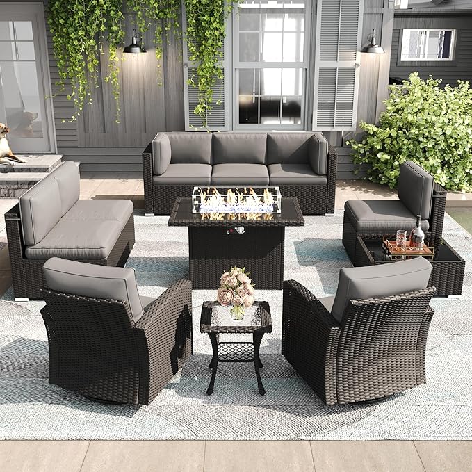 LayinSun 11 Pieces Patio Furniture Set with Fire Pit Table, Black Rattan Modular Sectional Outdoor Conversation Sofa Set, Swivel Rocking Chairs Set