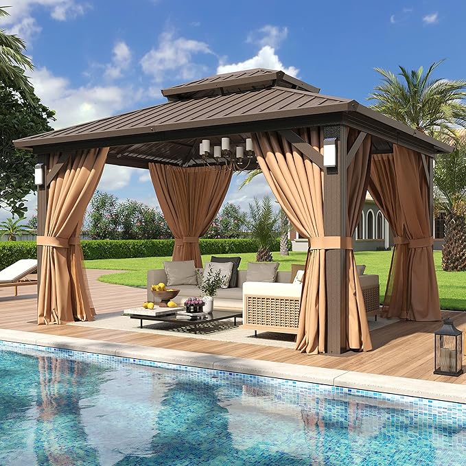Aoxun 12'x10' Hardtop Gazebo with 4 LED Lights, Outdoor Gazebo with Galvanized Steel Double Roof, Patio Gazebo with Breathable Netting & Privacy Curtain, Decor Hooks for Backyard, Brown