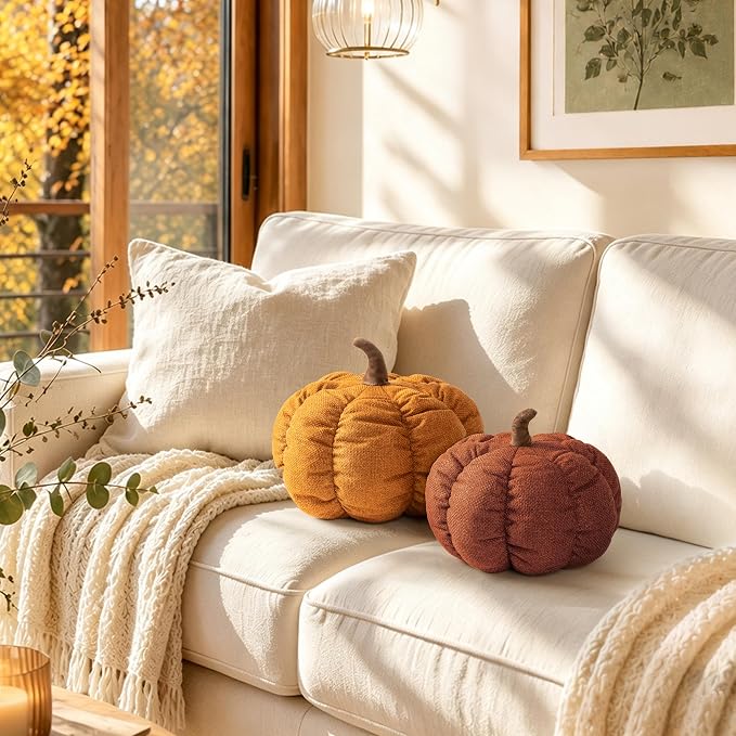AELS Pumpkin Pillows Set of 2, 14" Burnt Orange & Cinnamon Fall Pillows | for Couch Sofa Bed Living Room Home Decor, Farmhouse Textured 3D Fall Halloween Thanksgiving Decorative Accent Pillows