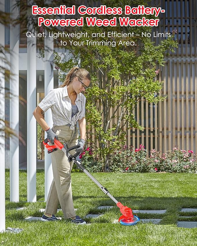 21V Cordless Weed Wacker Battery Operated, 2 X 2.0Ah Electric Weed Eater Battery Powered, Foldable 3-in-1 Weed Trimmer/Brush Cutter/Lawn Mower with 8 Blades (Stringless) & Removable Wheels