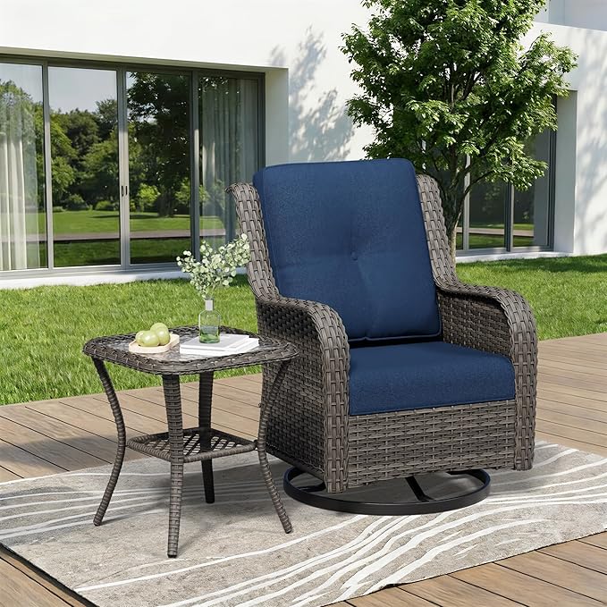 2 Pieces Outdoor Swivel Rocker Patio Chairs Set - Outdoor Wicker Patio Furniture Sets with 1 Side Table, Olefin Fabric Cushions Suitable for Backyard Deck and Porch, Blue