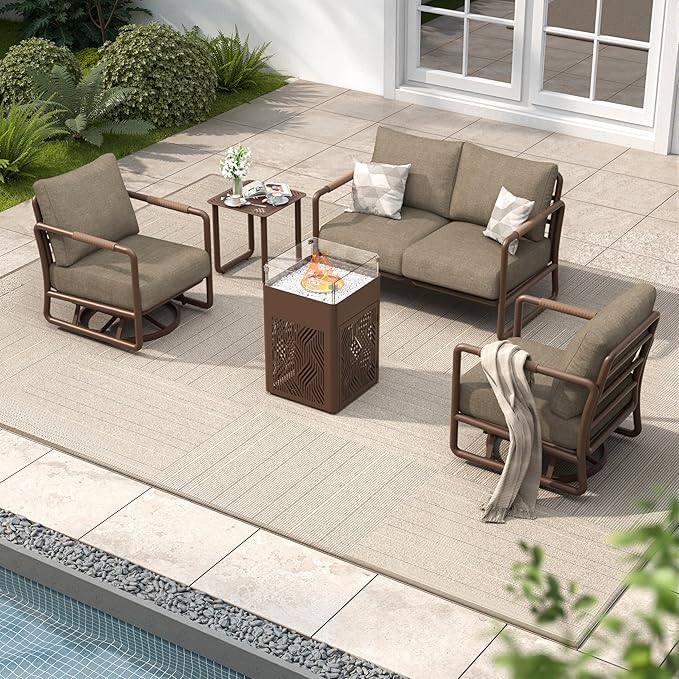 MBY Outdoor Aluminum Patio Furniture Set, 4-Seats Patio Conversation Sofa Set with 2 Swivel Rocking Chairs and 45,000 BTU Fire Pit Table w/Glass Wind Guard, All Weather for Pool, Garden-Brown