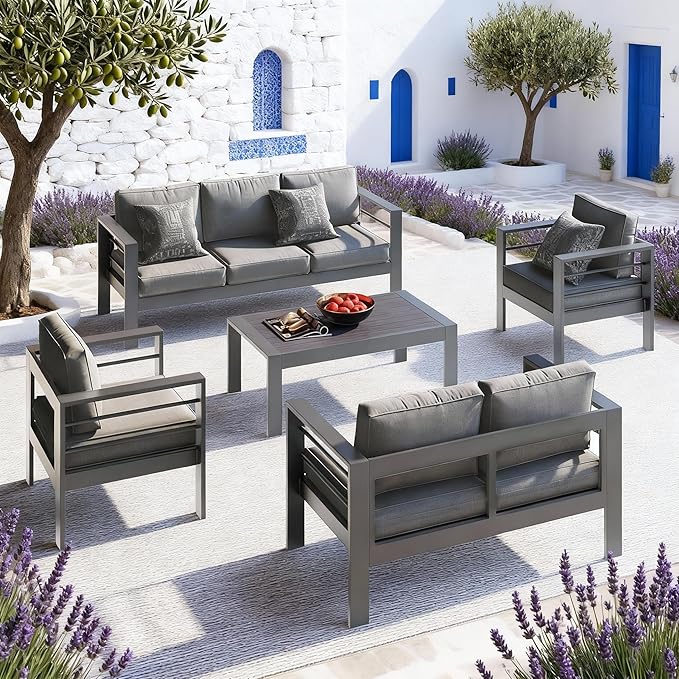 Patio Conversation Sets, Aluminum Outdoor Couch with Outdoor Coffee Table, All-Weather Metal Patio Couch with 5" Thick and Soft Cushion and Wide Arm, Outdoor Sofa Sets for Balcony, Porch, Dark Gray