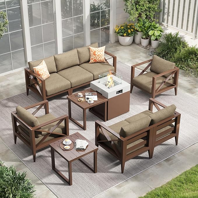Aluminum Patio Furniture Set with Fire Pit Table,7-Seats Patio Sectional Conversation Sofa with 5.2" All-Weather Cushions and Coffee Table,Furniture Set for Deck, Porch, Garden,Brown