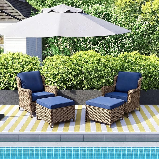 5 Piece Patio Furniture Set with Ottomans, PE Wicker Outdoor Chairs with Cushions & Tempered Glass Table, Space-Saving Balcony Furniture Set for Porch, Garden, Backyard, Blue