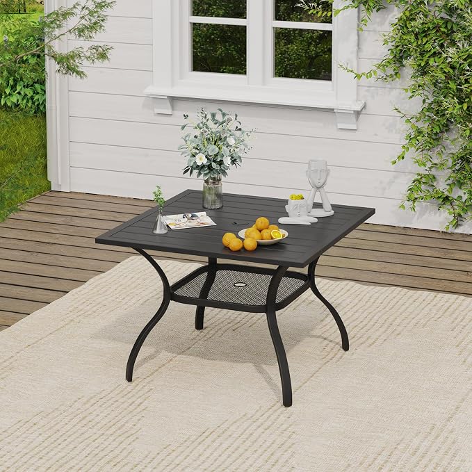 VICLLAX Outdoor Table and Chairs Set for 4, Patio Dining Set of 37.8" Metal Square Patio Table with Umbrella Hole & 4 Swivel Outdoor Dining Chairs for Backyard Lawn, Mixed Brown & Black