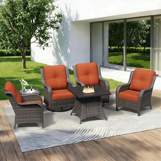 6 Pieces Outdoor Wicker Patio Furniture Set with Fire Pit Table, Patio Chair Set with Thickened Olefin Cushions, High Back and Deep Seating, Hand-Woven PE Rattan for Porch, Deck