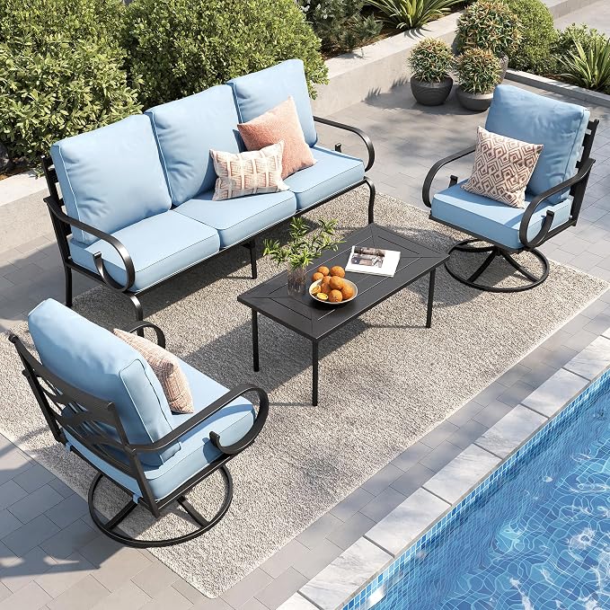 PHI VILLA Patio Furniture Set, 3-Seater Sofa, 2 Swivel Chairs and a Coffee Table, Outdoor Metal Conversation Set with 5.75" Extra Thick Cushion for Garden Backyard Deck, Blue