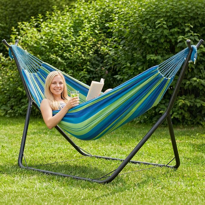 ANOW Double Hammock with Stand for Outside, Portable Space Saving Heavy-Duty Steel Stand for Indoor Outdoor Patio, 475 Lbs Capacity, Blue and Green Stripe