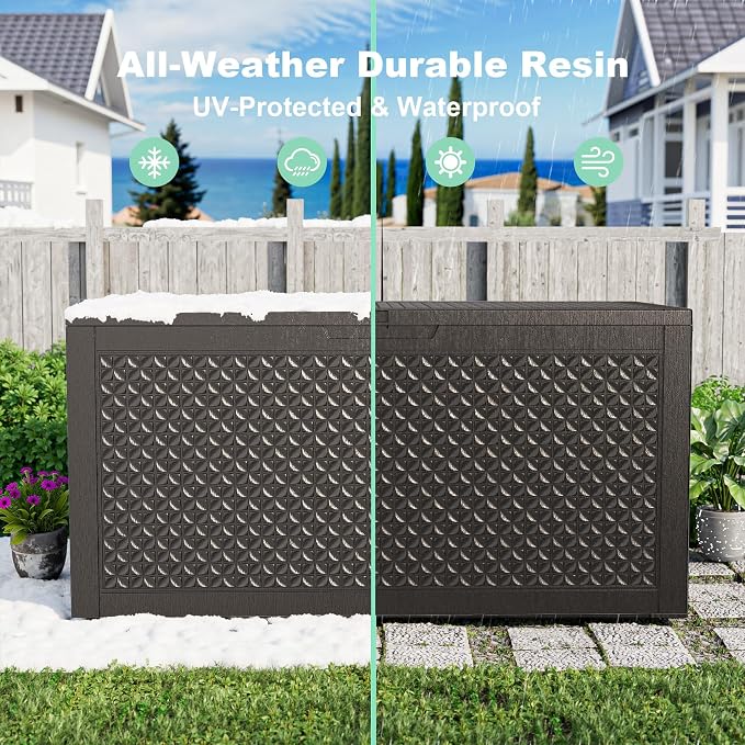 110 Gallon Waterproof Resin Outdoor Storage Box, Multifunctional Patio Deck Box, Weatherproof Outdoor Bin for Garden, Pool, Backyard & Porch Furniture Tools (Black, 110 Gallon)
