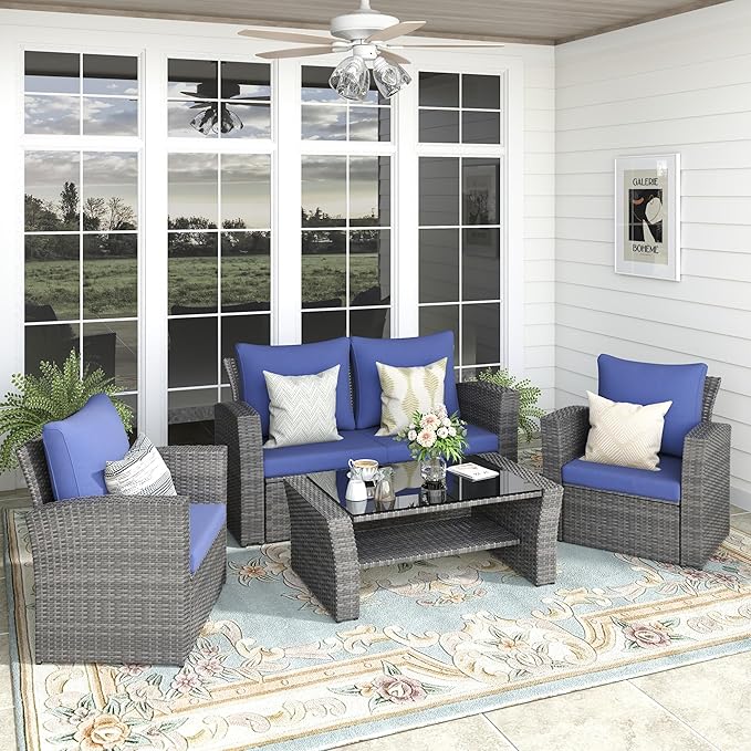 4-Piece Outdoor Patio Furniture Set, All Weather Wicker Rattan Sectional Sofa Conversation Seating Set with Cushions & Large Glass Coffee Table, Ideal for Garden Backyard Porch, Blue