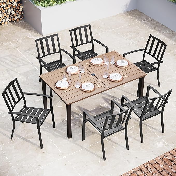Sophia & William Patio Table and Chairs Set, Outdoor Dining Set for 6, 7 Piece Metal Patio Furniture, 60" Rectangular Table with Wood-Like Tabletop(Stripe)