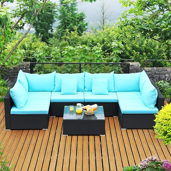 Tangkula 7 Piece Patio Furniture Set - Outdoor Sectional Sofa with Pillows and Cushions, Wicker Sofa Conversation Set with Coffee Table