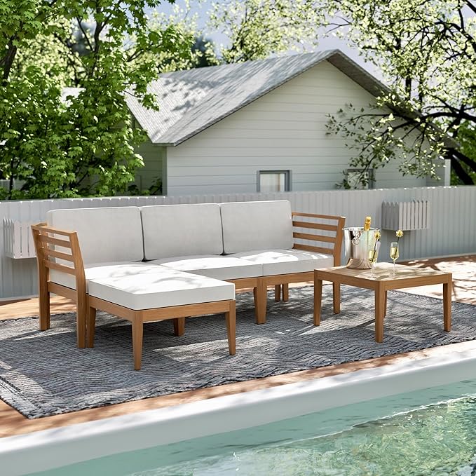 5-Piece Acacia Wood Patio Sectional Set, L-Shaped Outdoor Sofa Garden Couch with Coffee Table & Removable Cushions for Backyard, Deck, Beige