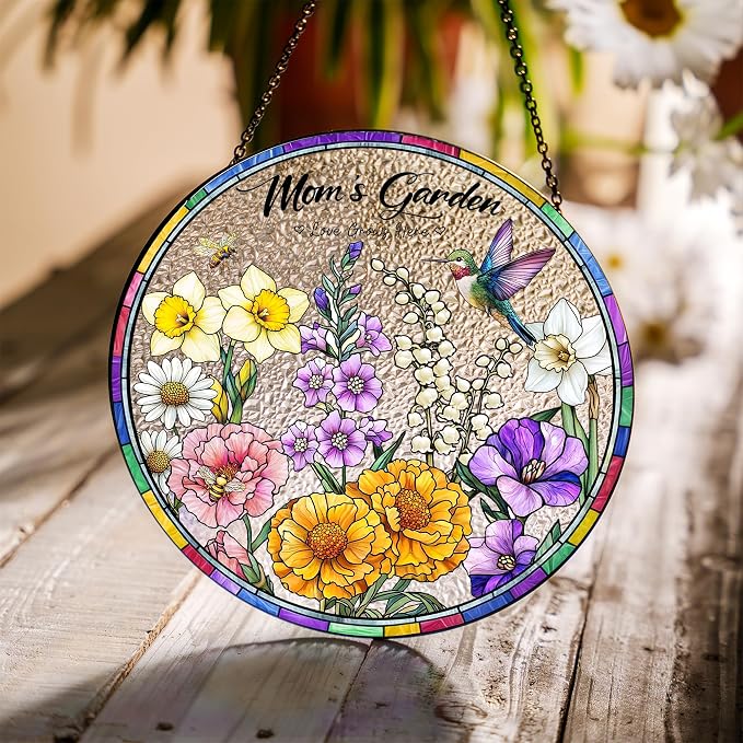 LOVELYPOD Custom Grandma Birth Flowers Stained Glass Sun Catcher, Grandmas Garden Sun Catcher, Personalized Christmas Ornamnet, Grandma Presents, Window Hanging Flowers Glass Art