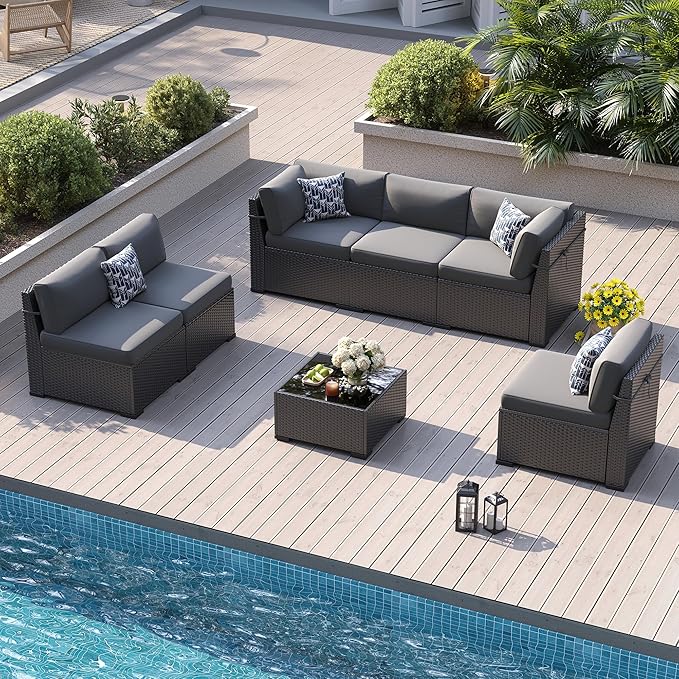 Patio Furniture Sets, 7-Piece Outdoor Patio Furniture with Thick Cushions,Coffee Table Outdoor All-Weather Conversation Set Sectional Sofa for Backyard, Poolside, Garden(Grey)