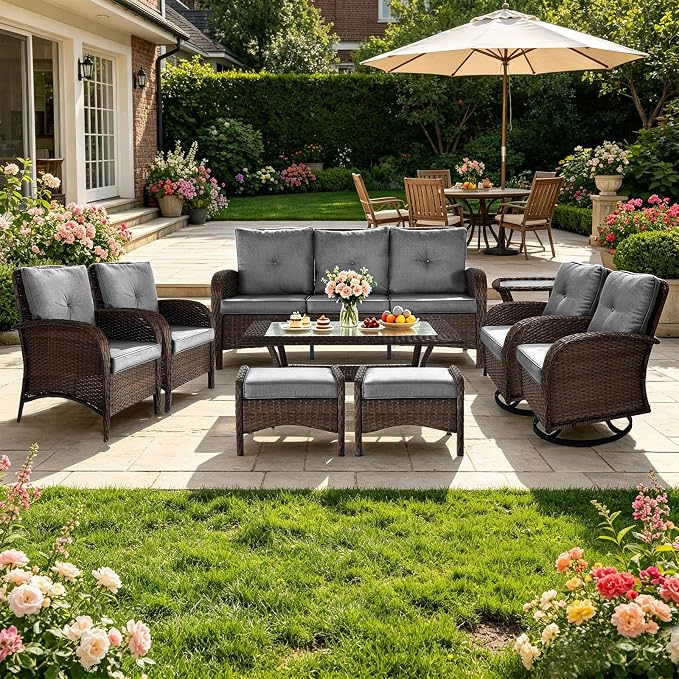 All Weather Patio Furniture Set, High Back Swivel Rocker Glider Chairs，Ottomans & Glass Tables, Outdoor Conversation Set for Deck Porch Yard Poolside (Grey, 9PCS-Swivel Chairs&Chairs&Sofa&Tables)