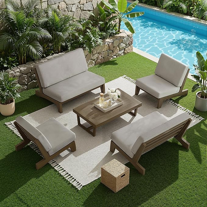 UIXE 5 Pieces Wood Patio Furniture Sets, 2 Patio Loveseat, 2 Patio Bistro Chair, All Weather Outdoor Sectional Sofa Furniture Backyard Conversation Set with Coffee Table - Light Camel