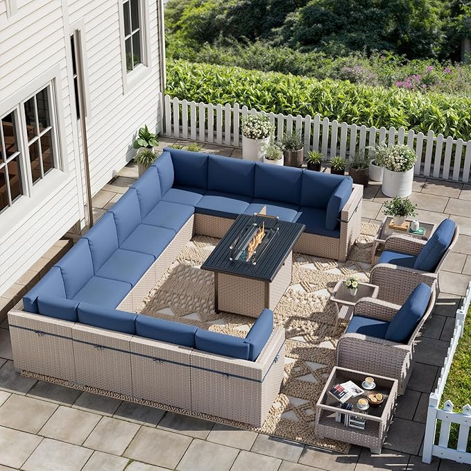 18 Pieces Patio Furniture Set with Fire Pit Table, Outdoor Sectional Wicker Sofa with Thick Cushions, High Back Swivel Rocker Patio Chairs, Rattan Conversation Set with Coffee Table, Navy