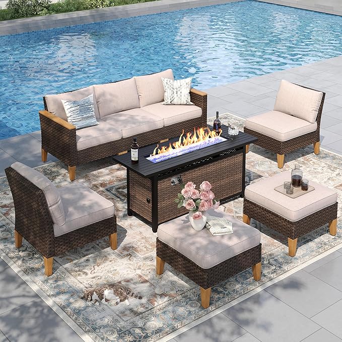 PHI VILLA 8-Piece Outdoor Patio Conversation Set with 56" Fire Pit Table, Outdoor Rattan Furniture Patio Set for 7 Seats with Cushioned 3 x Armrest Chair, 2 x Ottoman and 2 x Armless Sofa, Beige