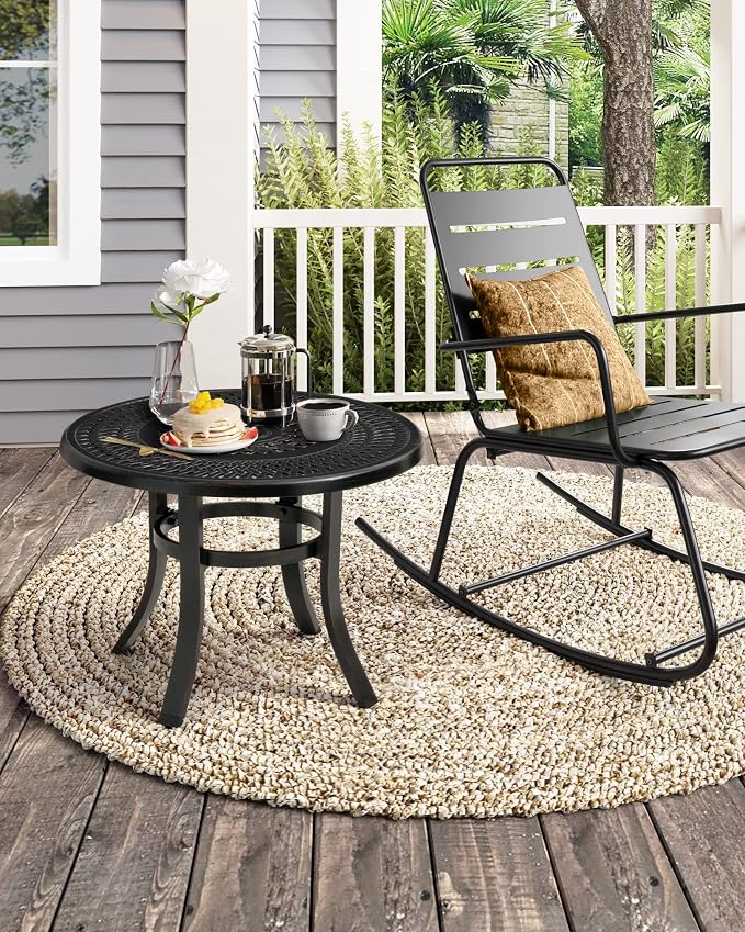 Crestlive Products Cast Aluminum Patio Side Table - Outdoor 24'' Small Round Table with Umbrella Hole Anti-Rust Design for Backyard Porch Pool Balcony, Black with Bronze Spot