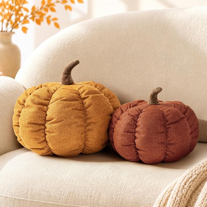 AELS Pumpkin Pillows Set of 2, 14" Burnt Orange & Cinnamon Fall Pillows | for Couch Sofa Bed Living Room Home Decor, Farmhouse Textured 3D Fall Halloween Thanksgiving Decorative Accent Pillows