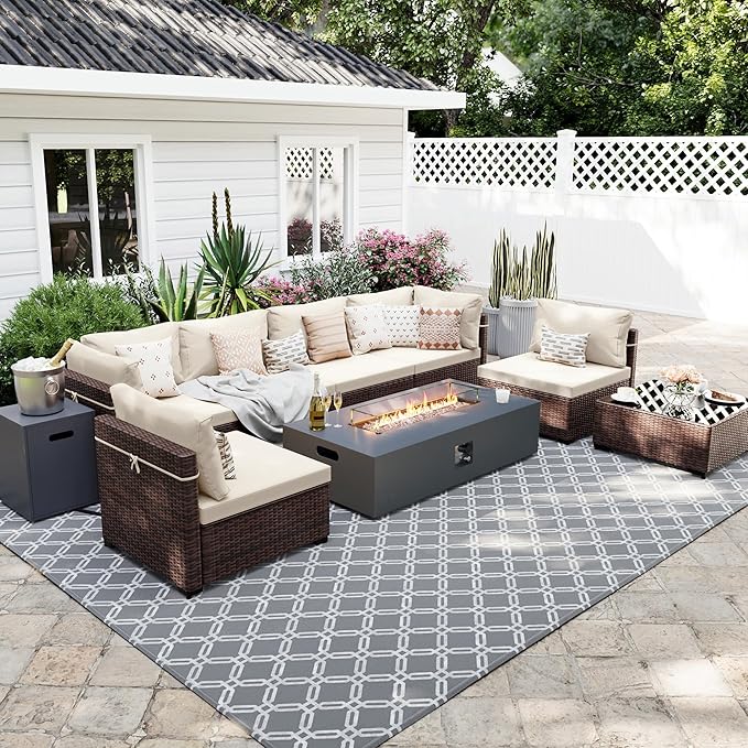 UPHA 9 Pieces Patio Furniture Sets, Wicker Outdoor Sectional Sofa Couch with Rectangle Propane Pit for Deck Backyard Garden, Brown Rattan, White Cushion