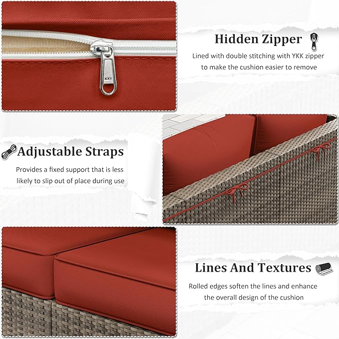 Outdoor Furniture Replacement Cushions, 5" Foam Foam High-Density, Fits 6-seat Sectional Rattan Conversation Set, 14 Piece Patio Water-Resistant Replacement Sofa Cushions, Liner&Cover