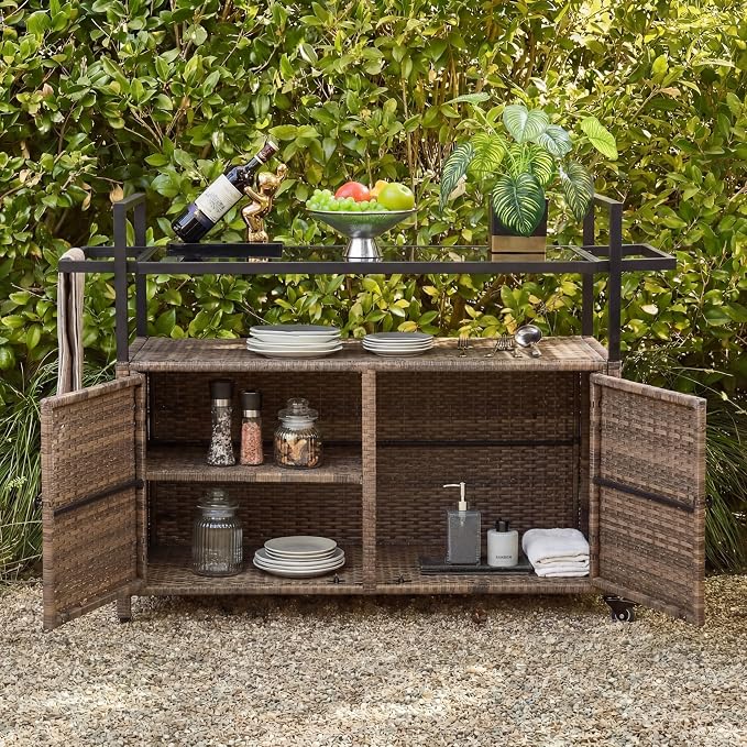 51.2" Wicker Outdoor Bar Cart - Brown Patio Console Storage Table Buffet Cabinet Serving Kitchen Cart with Wheels for Outside Backyard