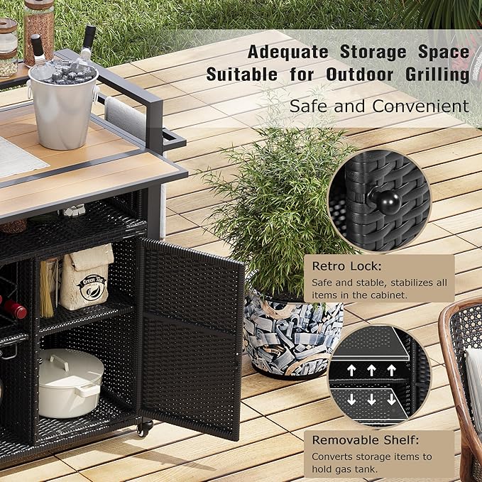 Outdoor Bar Table on Wheels with Extended Table Top and Storage Cabinet