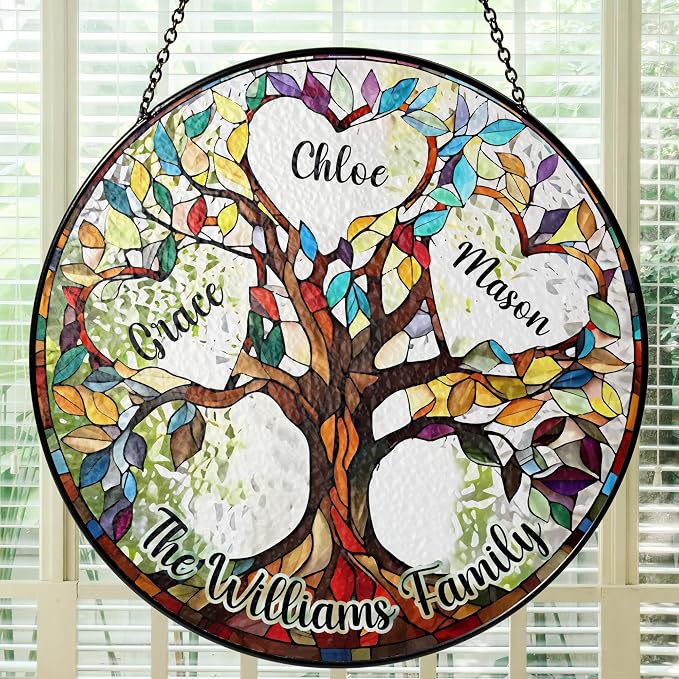 Personalized Family Tree Stained Glass Window Hanging Suncatcher - Warmness Father's Day, Mother's Day, Birthday Gift, Custom Family Name, Kid's Name