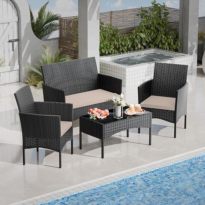4 Pieces Patio Furniture Set Outdoor Conversation Set Rattan Furniture Set Wicker Chairs and Sofa with Glass Table for Porch Pool Backyard Garden Sand