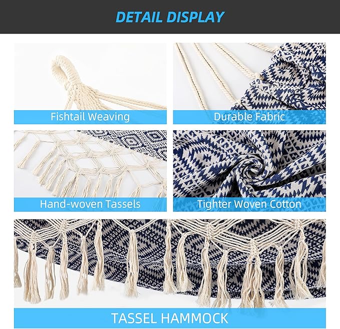 Backyard Hammock with Tassels,Garden Hammocks with Portable Carry,Bag Deluxe Macrame Fringe for Patio,Garden,Backyard,Beach,Outdoor and Indoor Porch Fabric, Up to 450Lbs (Blue-Diamond)