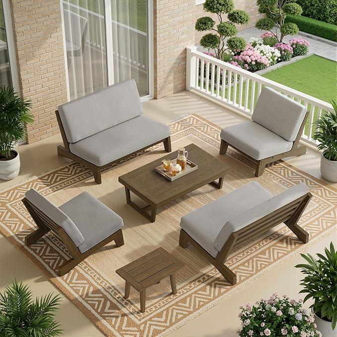 UIXE 6 Pieces Wood Patio Furniture Sets, 2 Patio Loveseat, 2 Patio Bistro Chair, All Weather Outdoor Sectional Sofa Furniture Backyard Conversation Set with Coffee Table - Light Camel