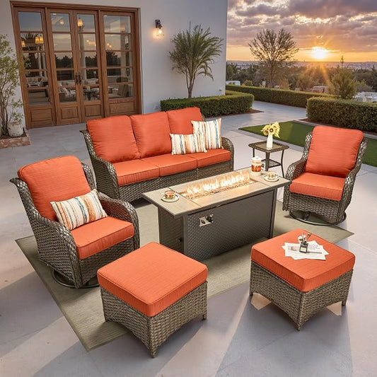 ovios 7-Piece Patio Furniture Set with Swivel Chairs Side Table, Outdoor Wicker Sofa with 54" Fire Pit Table, High Back Couch Modern Conversation Sets, Brown/Orange Red