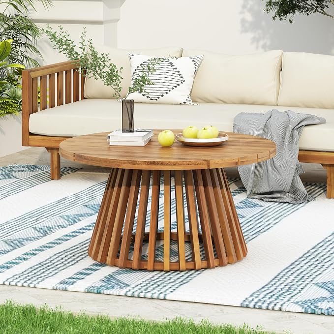 Wood Outdoor Round Coffee Table, Weather-Resistant Patio Table with Striped Base, for Garden, Deck, and Backyard, Brown