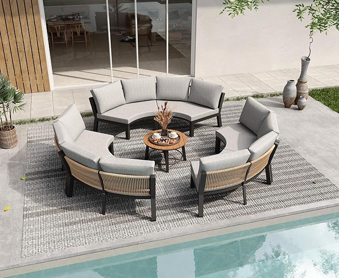 Half Moon Patio Furniture Set, Aluminum Curved Patio Conversation Sets, Luxury Outdoor Sectional Sofa with PE Rope, All-Weather 4 Pcs Outdoor Couch with Modular Coffee Table & Cushions, Gray