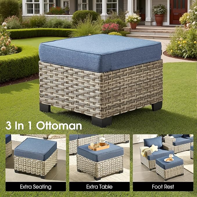 Rattan Patio Furniture Set with Fire Pit,10 Pieces Outdoor Sectional with Single Chair Ottoman,Out Door Furniture Conversation Set,Denim Blue