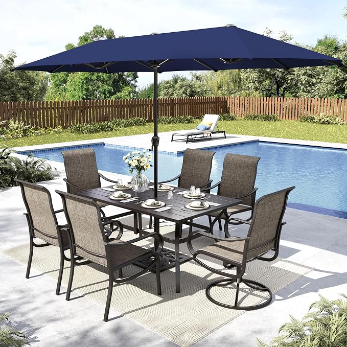 MFSTUDIO Patio Dining Set for 6, Outdoor Dining Set with Umbrella, Patio Furniture Set with 1 Rectangular Table Fixed Chairs 2 Swivel Chairs & Navy Blue Umbrella (Base not Included)