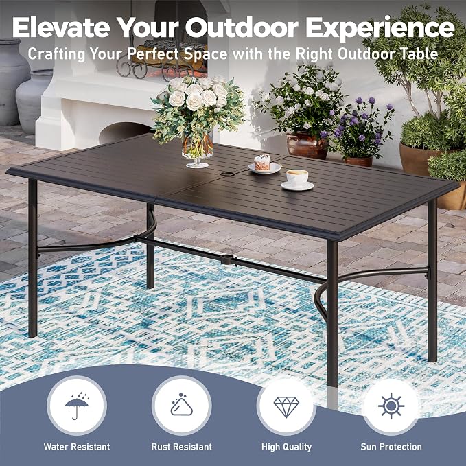 SUNSHINE VALLEY 7 Piece Patio Dining Set for 6, 67x38 Wood-Like Metal Table with Umbrella Hole and 6 Pcs Rust-Proof Stackable Chairs, Outdoor Table and Chairs Set for Backyard Garden Deck (Style 3)