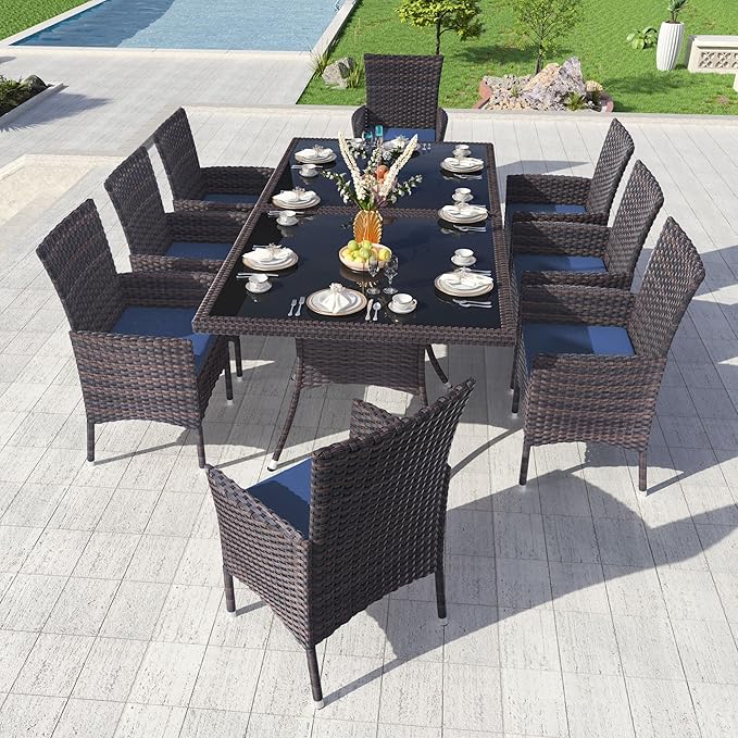 Kullavik 10 Pieces Outdoor Dining Set Patio Rattan Furniture Set,Patio Dining Table and Chairs Set with 8 Chairs and Cushions,Square Glass Tabletop with Umbrella Hole for Patio,Backyard,Navy Blue
